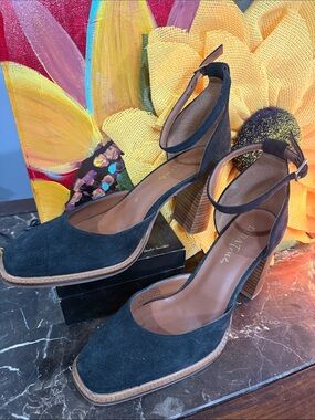 Black Suede Ankle-Strap Block Heel Pumps